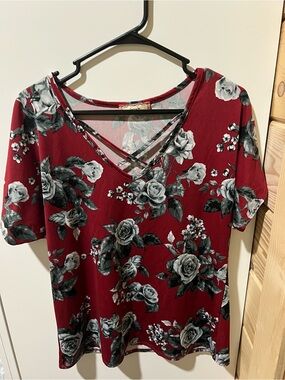 Women’s Burgundy Floral Crisscross V-Neck Top